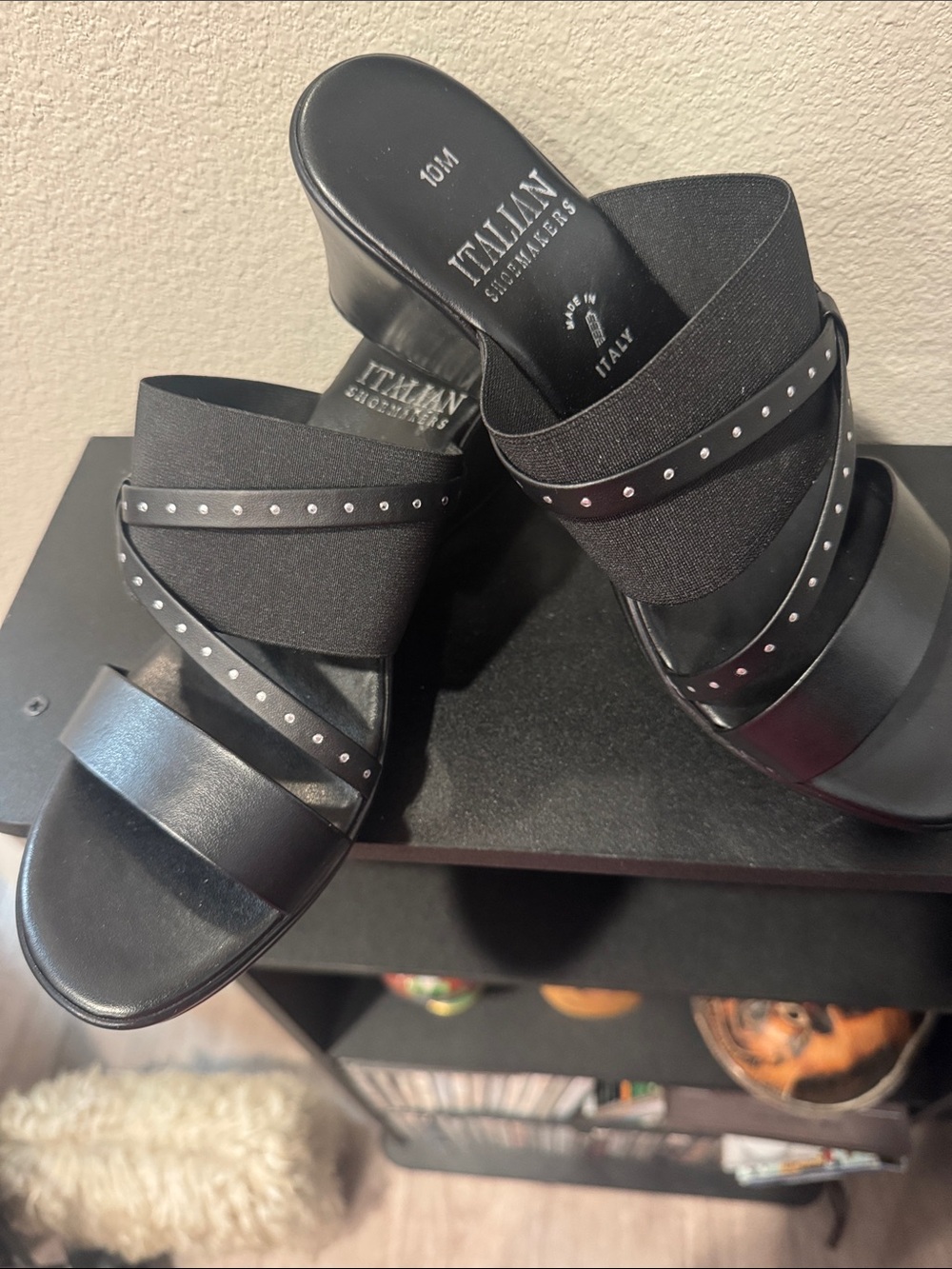 Italian Shoemakers Black Stud-Trim Slide Mules